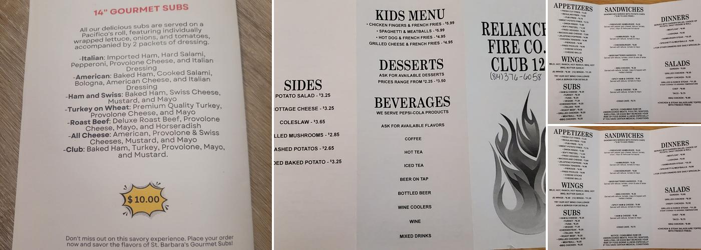 Reliance Fire Department Menu