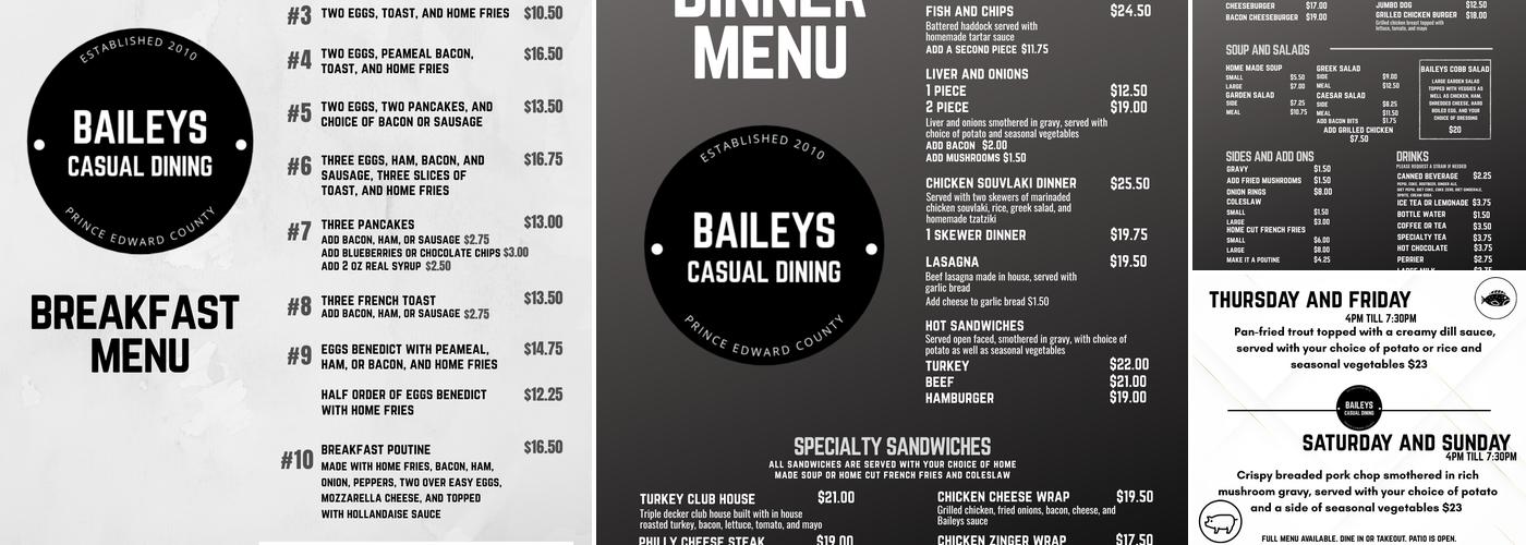Baileys Casual Dining Menu