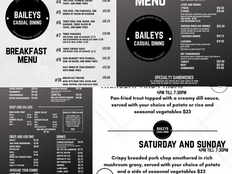 Baileys Casual Dining Menu