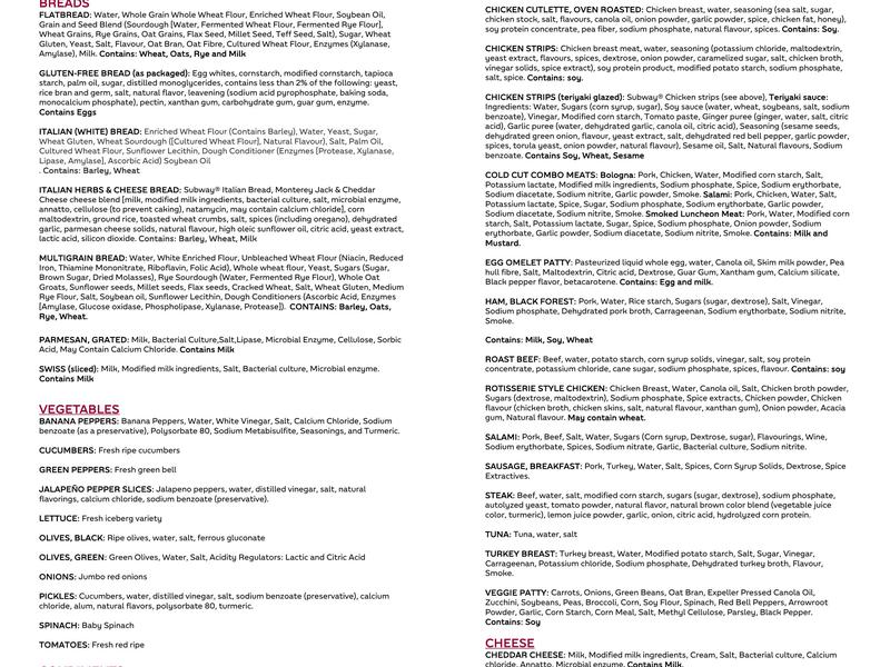 Subway Menu