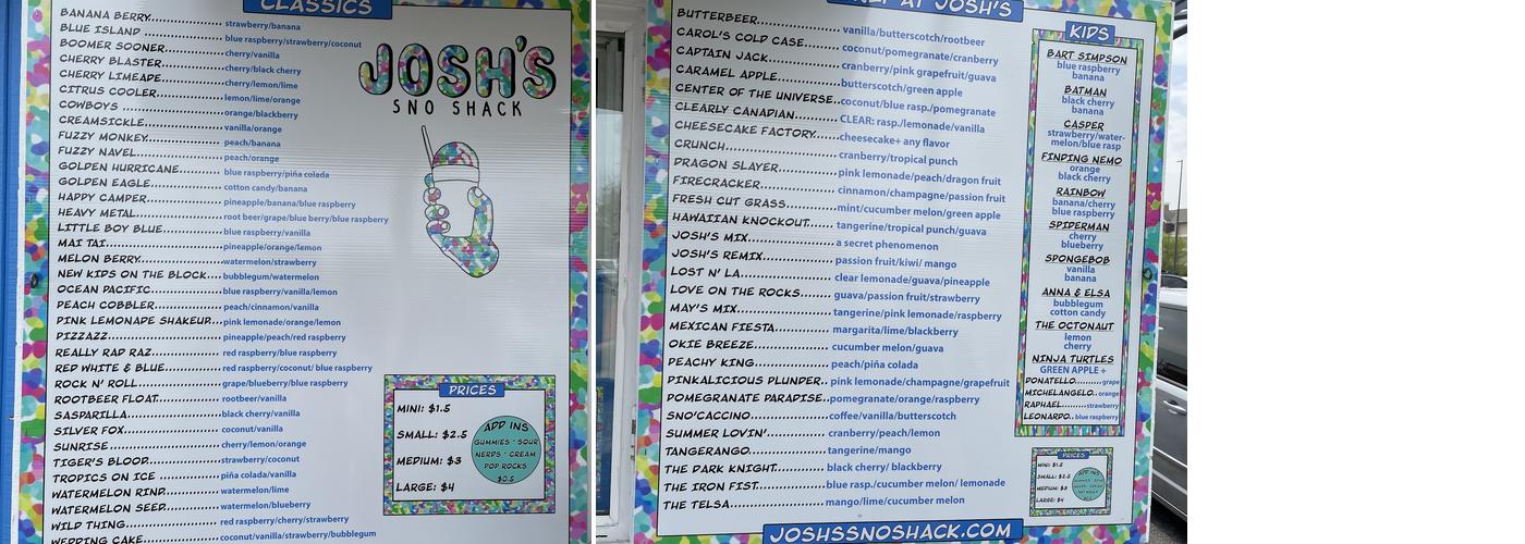Josh's Sno Shack Menu