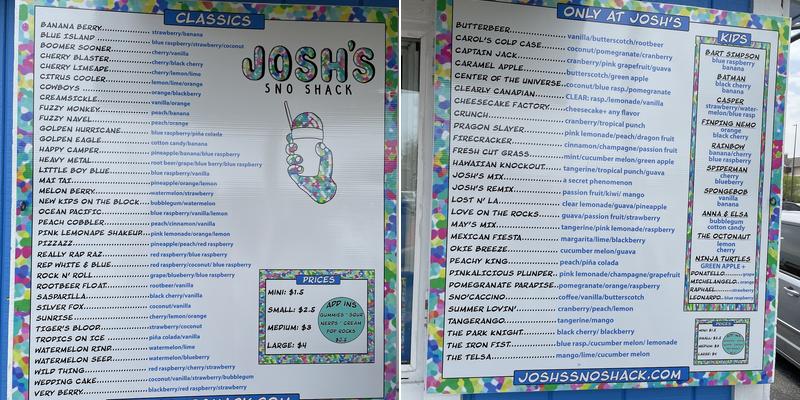 Josh's Sno Shack Menu