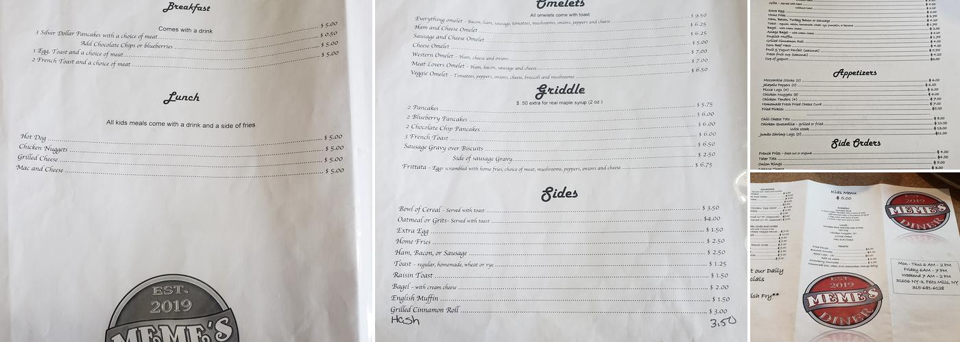 Meme's Diner Menu