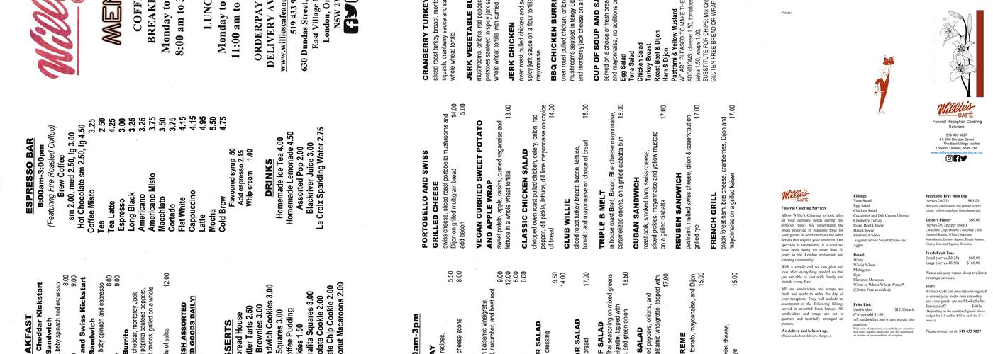 Willie's Café Menu