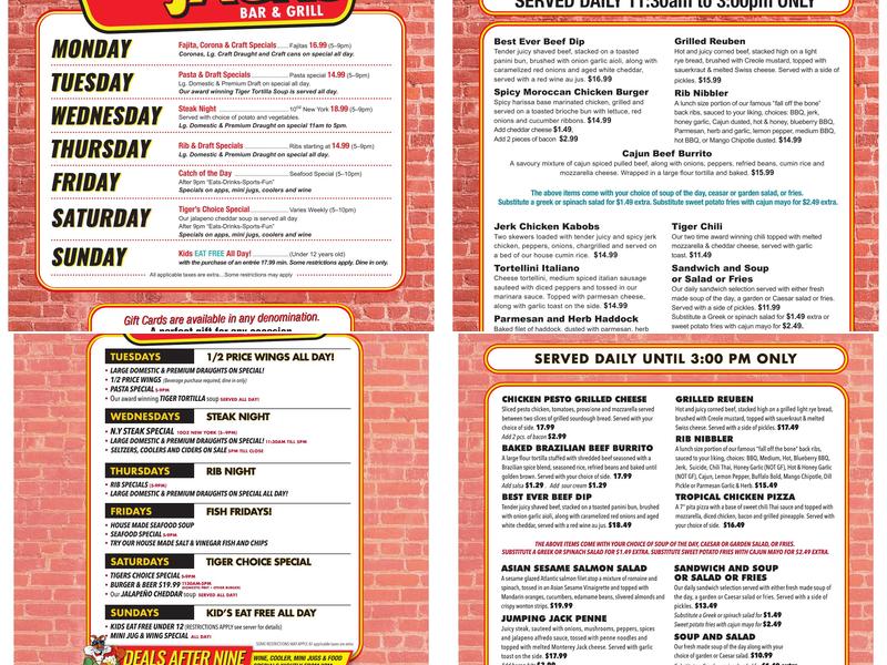 Tiger Jack's Bar & Grill Menu