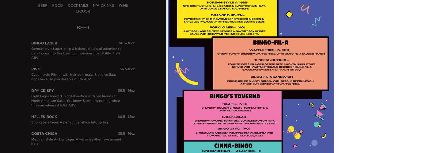 Bingo Beer Co Menu