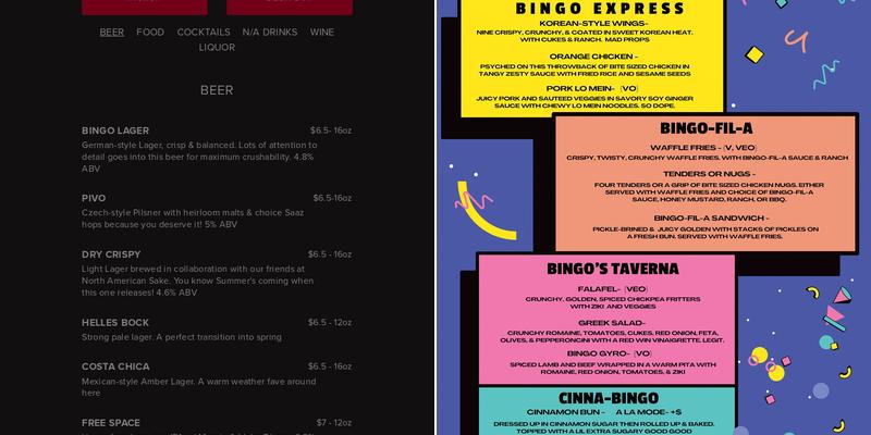 Bingo Beer Co Menu