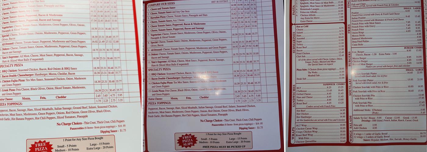 Tata's House Of Pizza & Pasta Brockville Menu