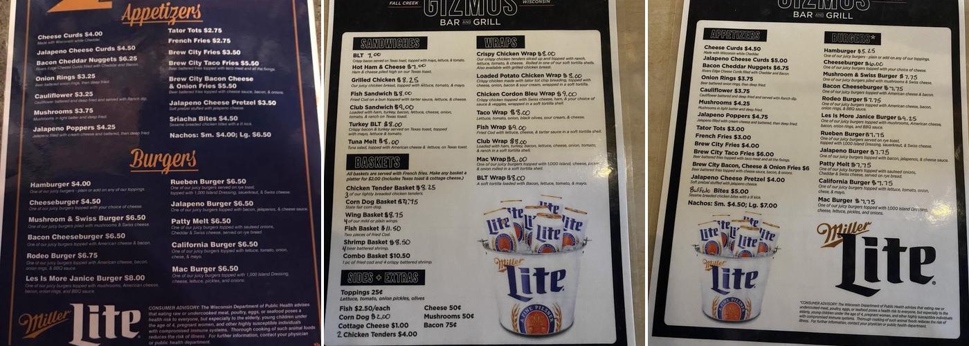 GIZMO'S BAR AND GRILL Menu