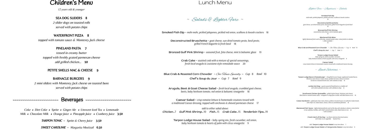 Tarpon Lodge Restaurant Menu