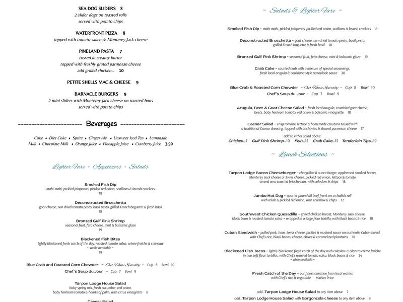 Tarpon Lodge Restaurant Menu