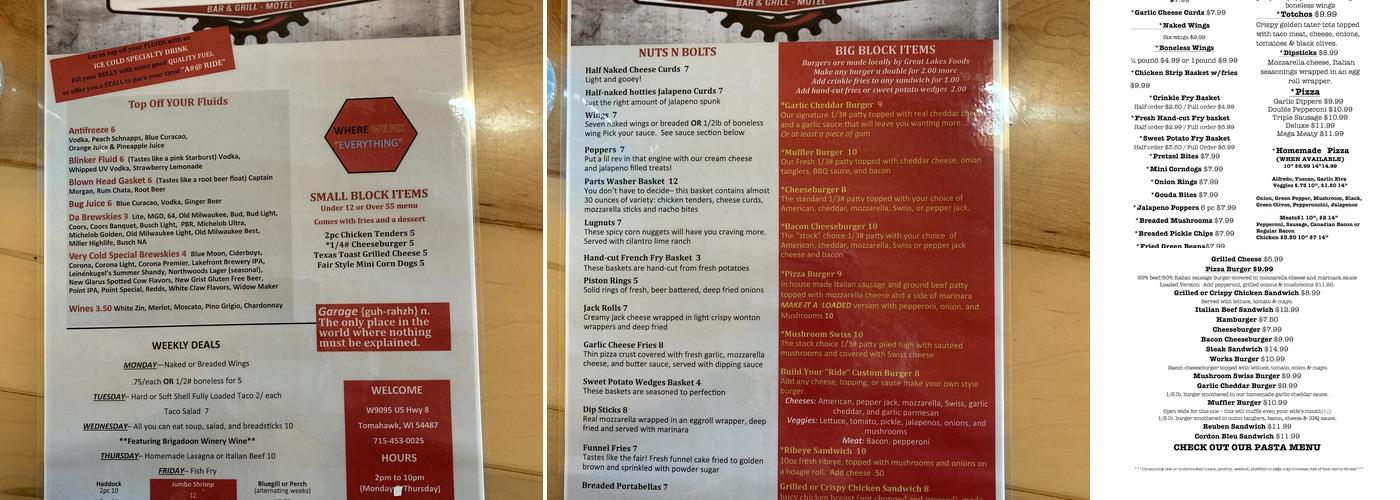 The Garage Motel, Bar and Grill Menu