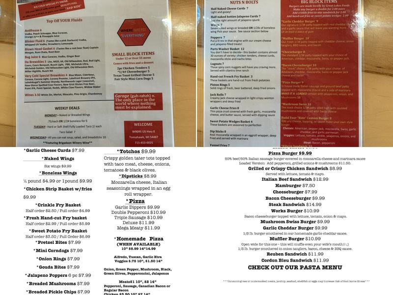 The Garage Motel, Bar and Grill Menu