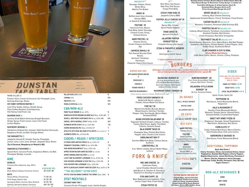 Dunstan Tap And Table Menu