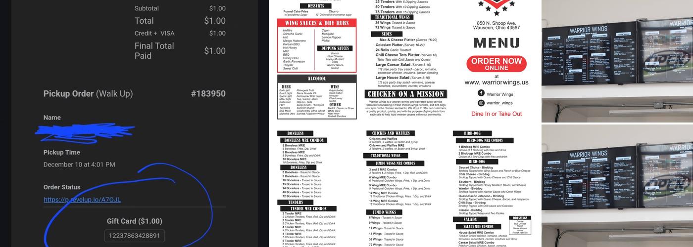 Warrior Wings Menu