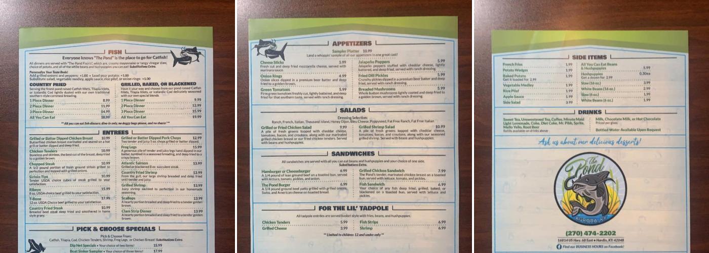 Willow Pond Aurora, Ky. Menu