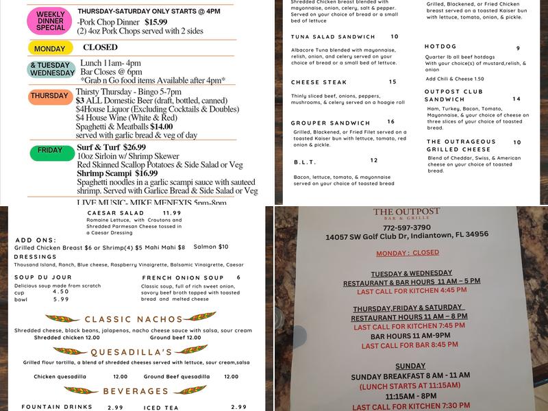 The Outpost Bar and Grille Menu