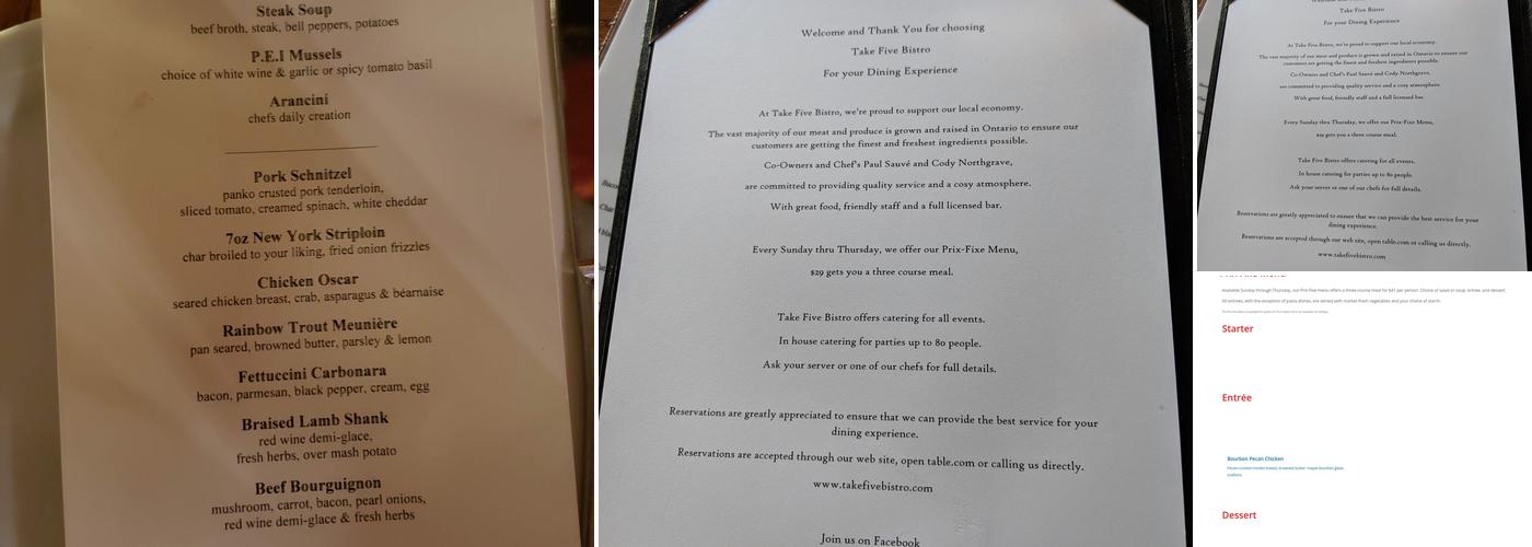 Take Five Bistro Menu