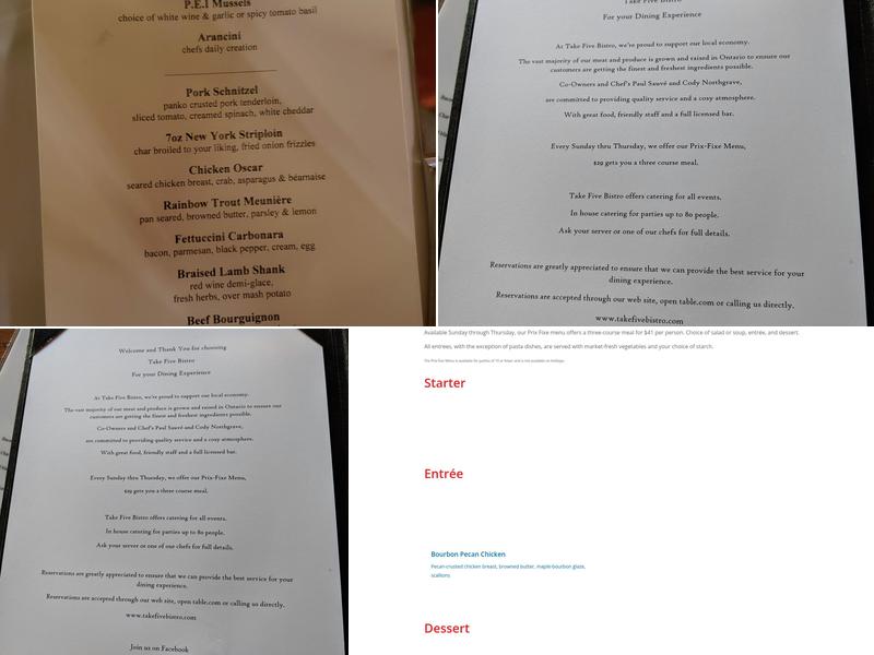 Take Five Bistro Menu
