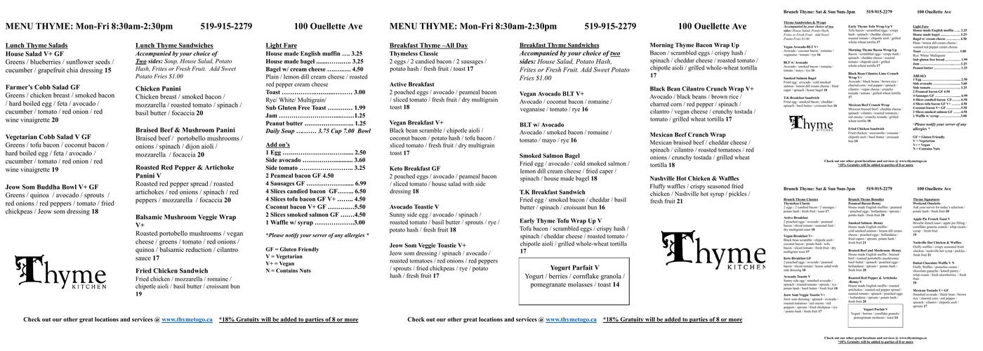 Thyme To-Go Menu