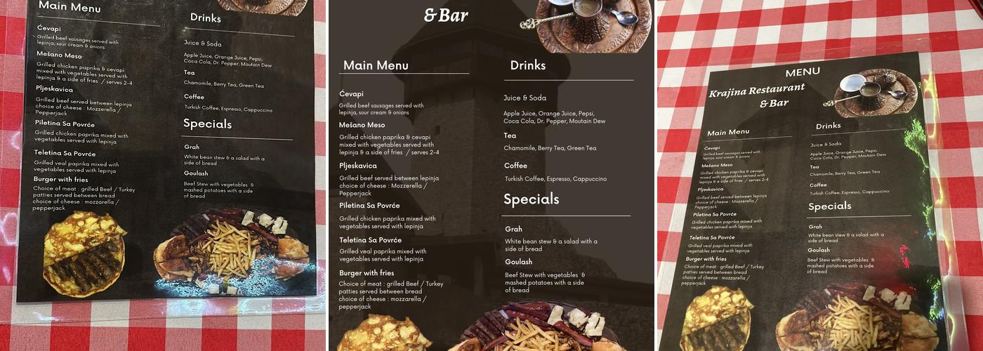 Krajina Restaurant & Bar Menu