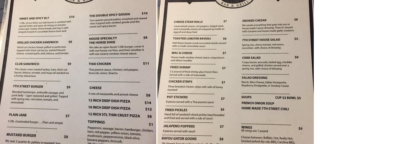 7th Street Grill and Bar Parking Lot Menu