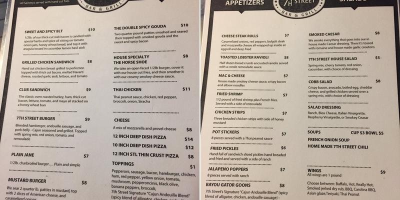 7th Street Grill and Bar Parking Lot Menu