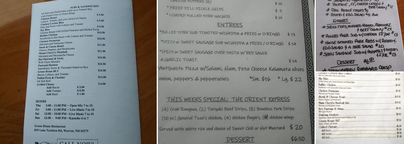 The Green House Menu