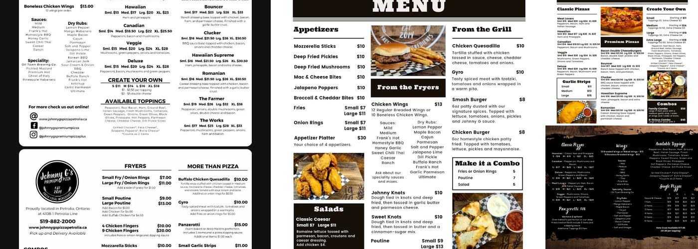 Johnny G's Premium Pizza Menu
