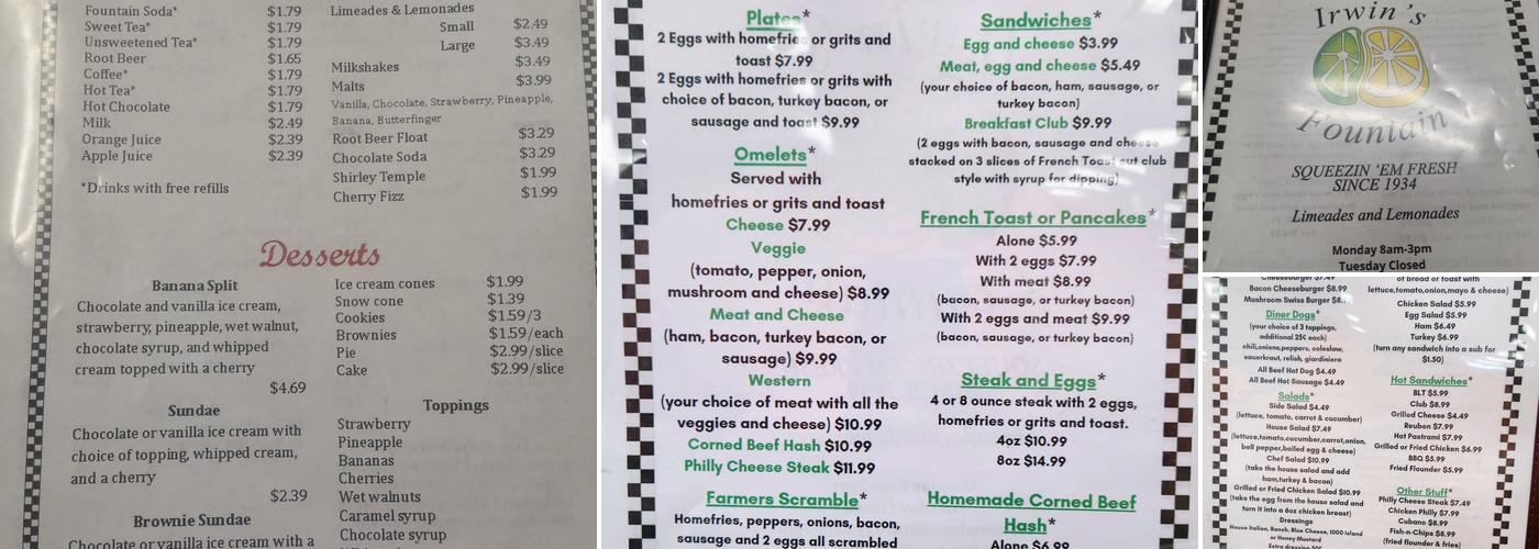 Irwin's Fountain Menu