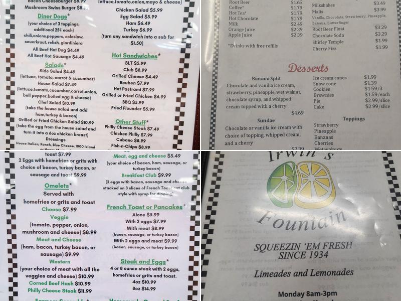 Irwin's Fountain Menu