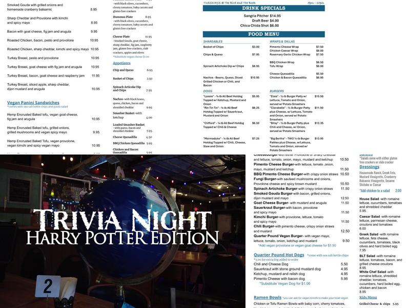 The Bird and The Book Menu