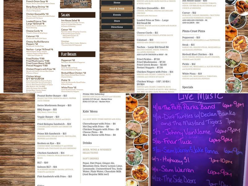 Birdsall Inn Menu
