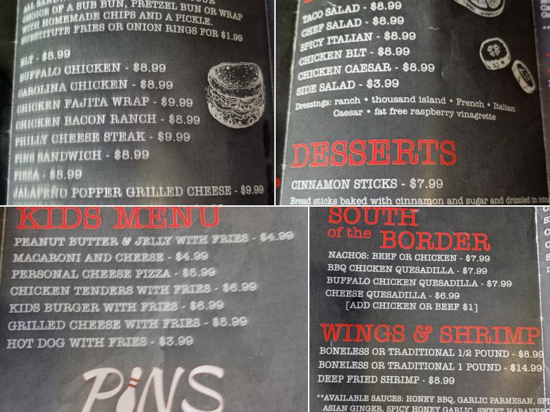 Pins Bar and Grille, Bowling and Event Center Menu