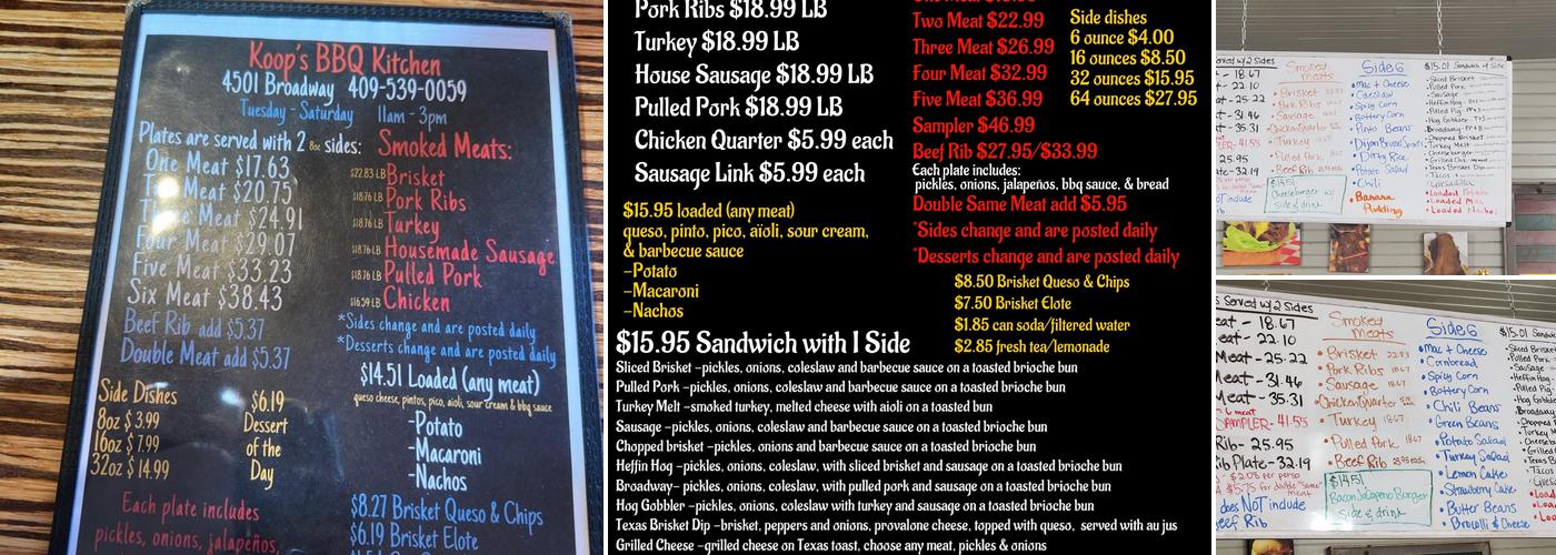 Koop's BBQ Kitchen Menu