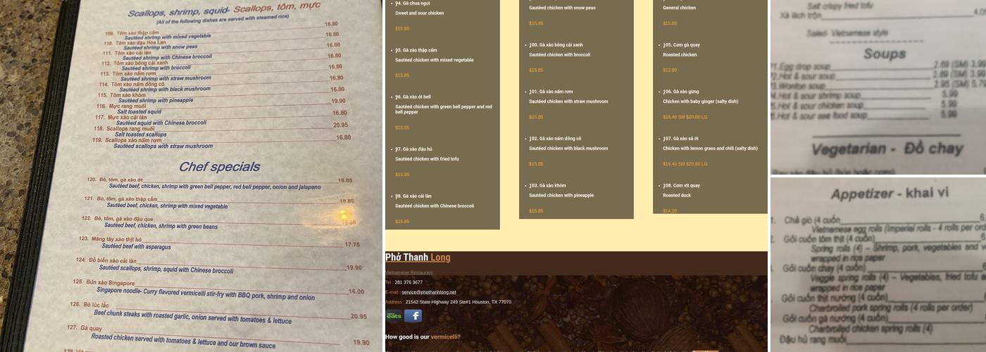 Pho Thanh Long Menu