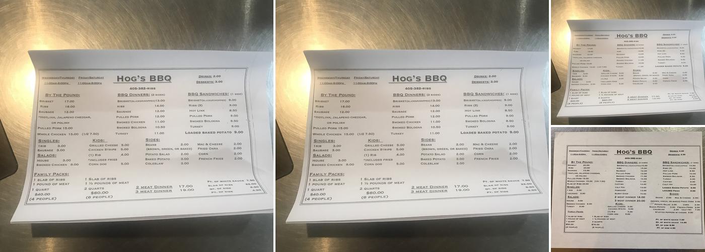 Hog's Barbeque Menu