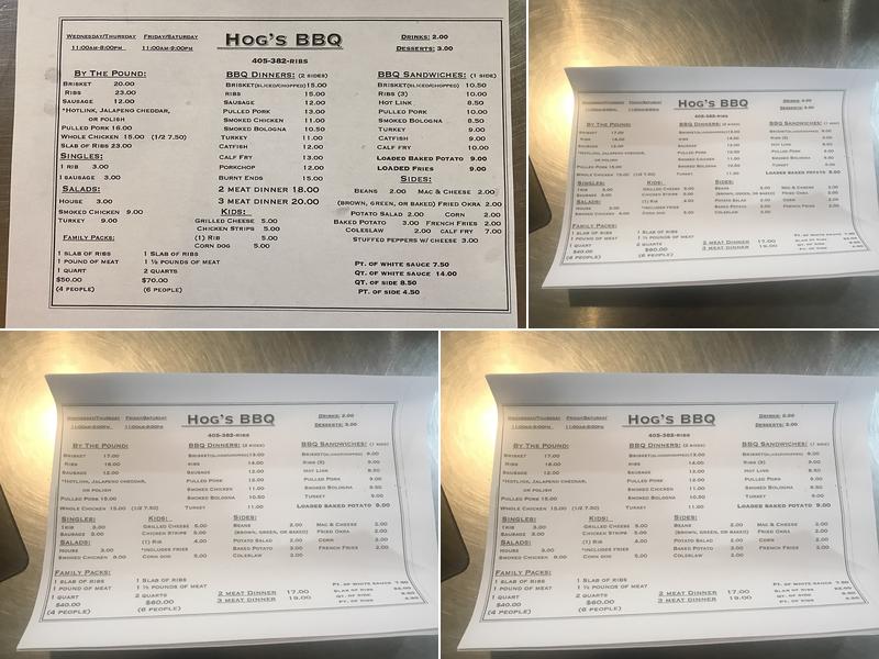 Hog's Barbeque Menu