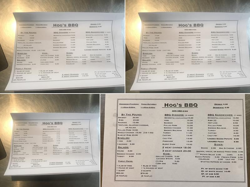 Hog's Barbeque Menu