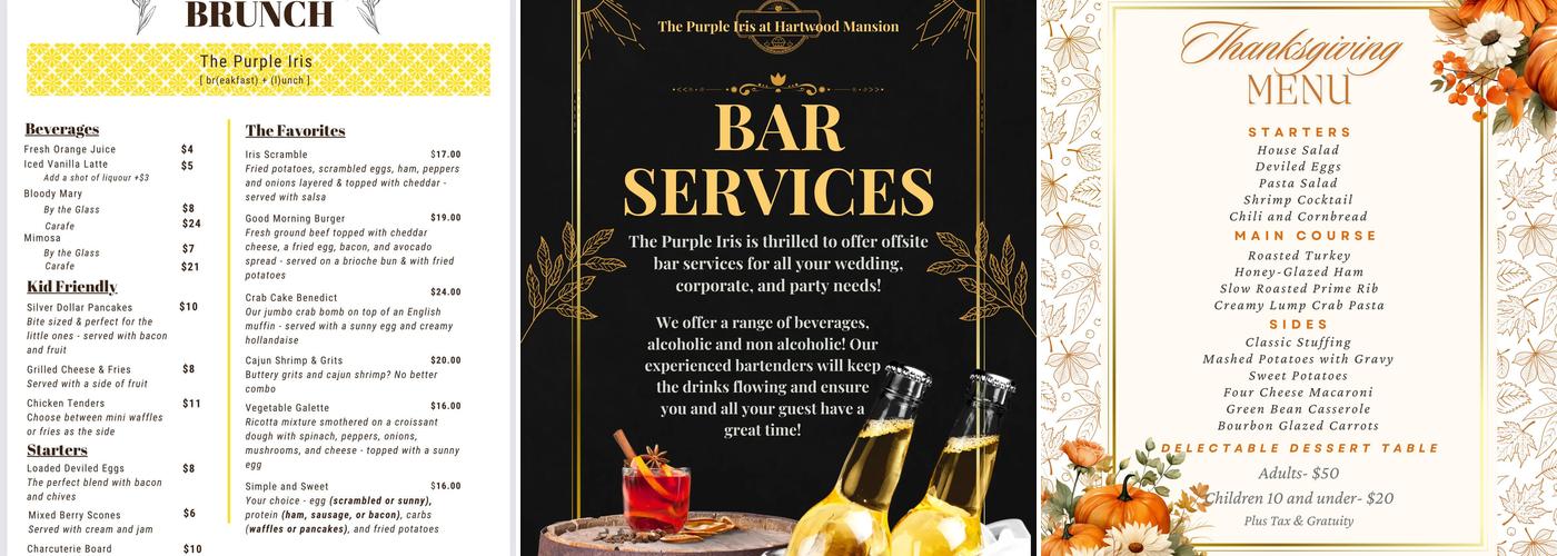 The Purple Iris at Hartwood Mansion Menu