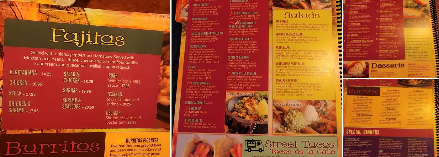 Pancho Villa Mexican Restaurant Menu
