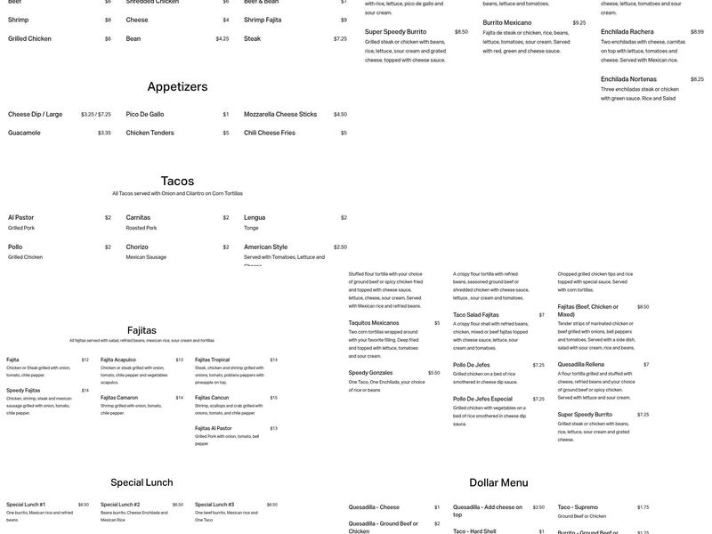 Speedy Tacos Menu