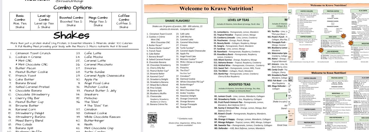Krave Nutrition Menu