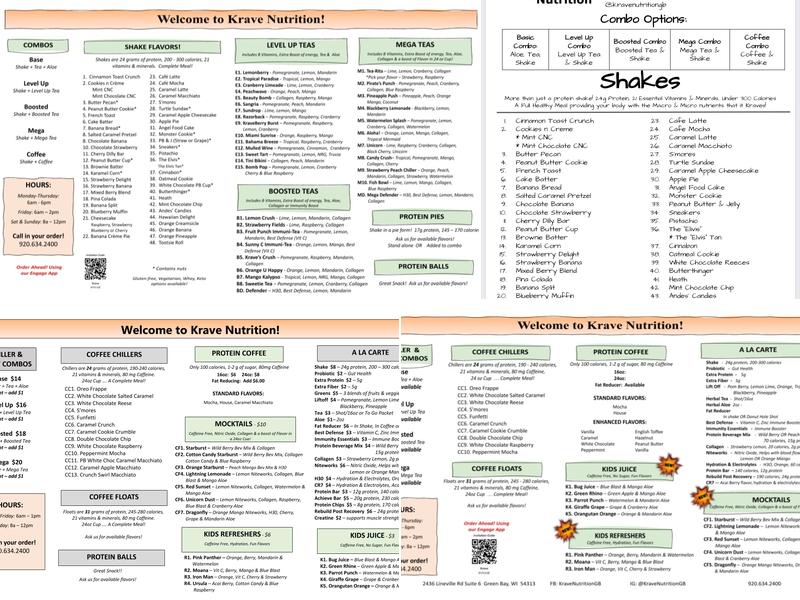 Krave Nutrition Menu