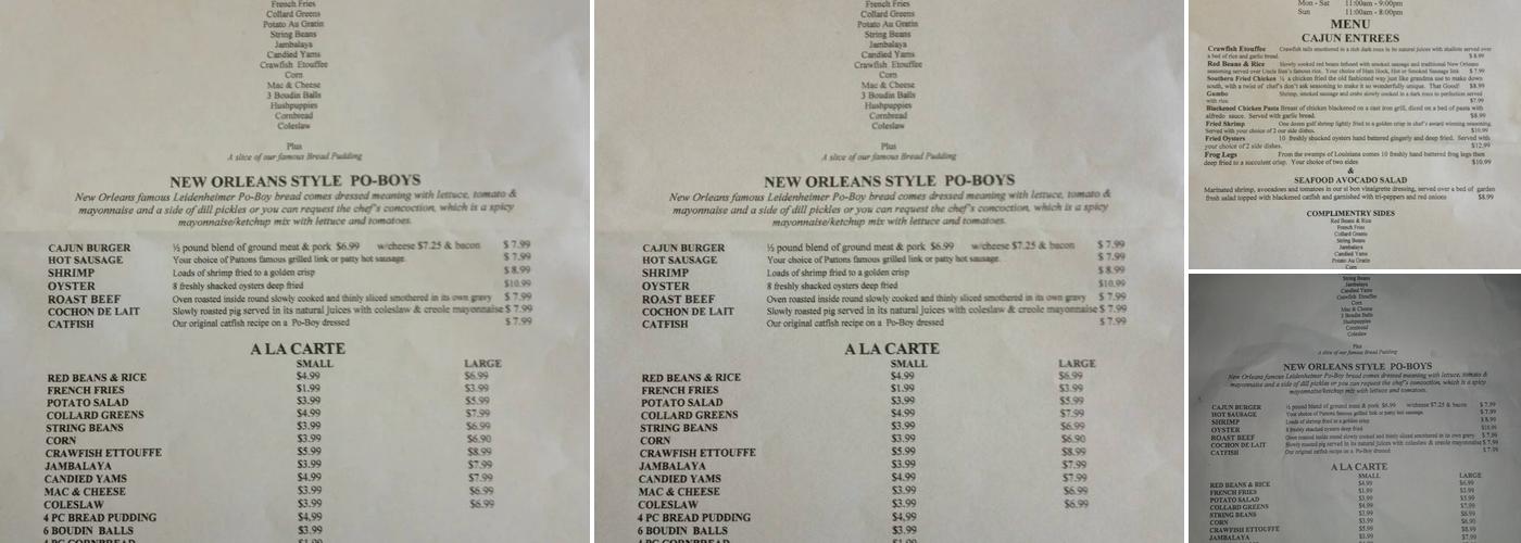 Cajun Dining Menu