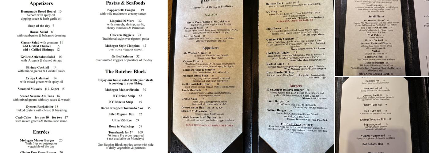 Mohegan Manor Restaurant And Banquet Facility Menu