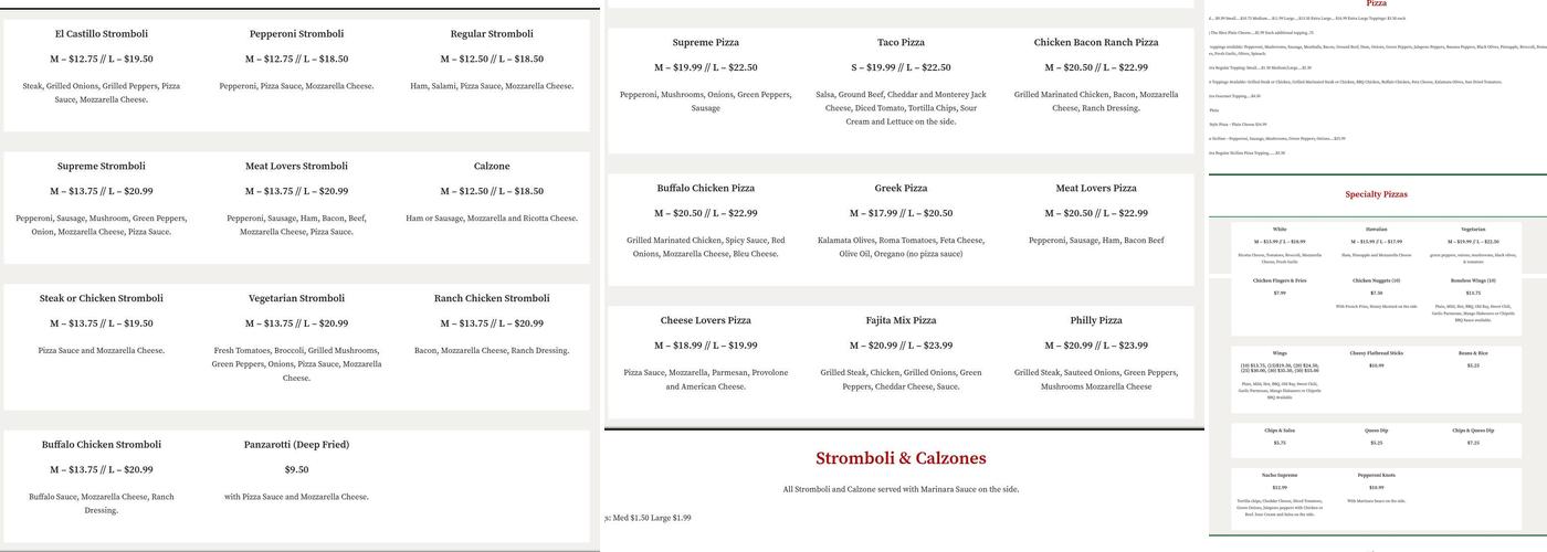 Castello's Restaurant Menu