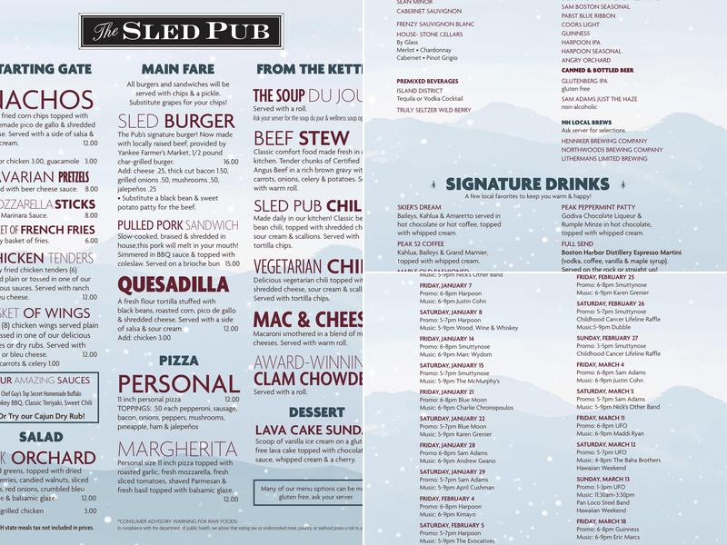 The Sled Pub at Pats Peak Menu