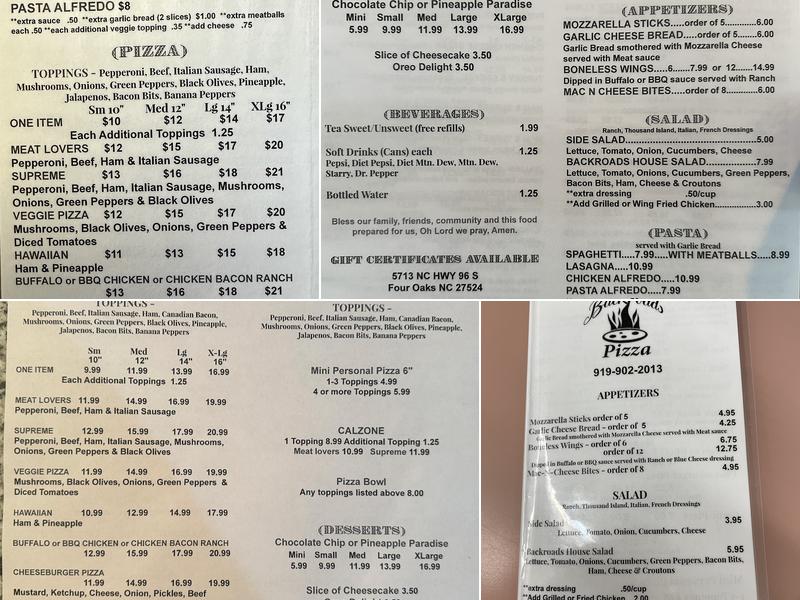 Backroads Pizza Menu