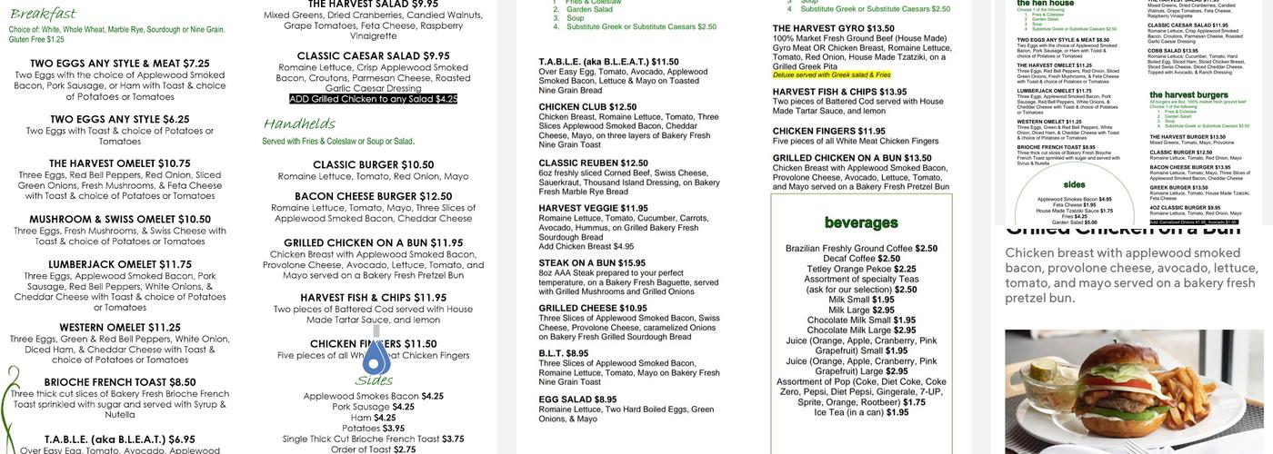 The Harvest Table Restaurant Menu